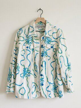 Keren Hart Cotton Jacket Ribbon Scroll Print Button Front White Blue Green 3X